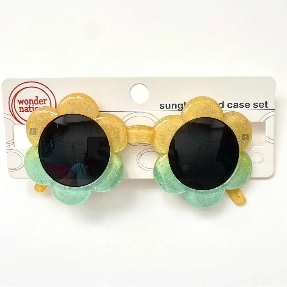 Girls Daisy Yellow Green Glitter Sunglasses - Supercute!